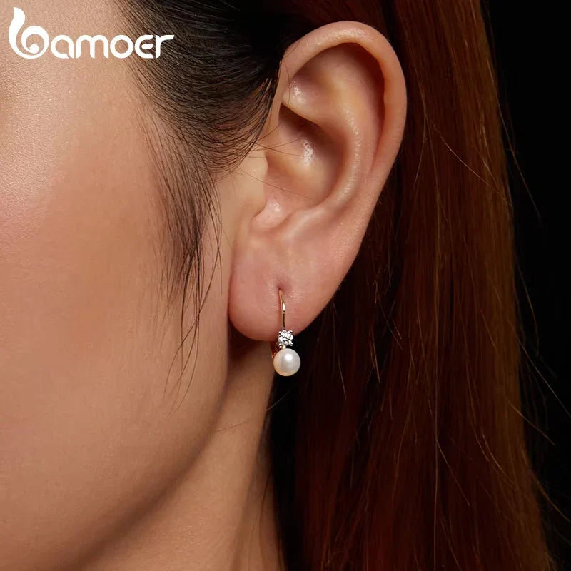 Moissanite Freshwater Pearl Drop Earrings 925 Sterling Silver Round Cut Dangle