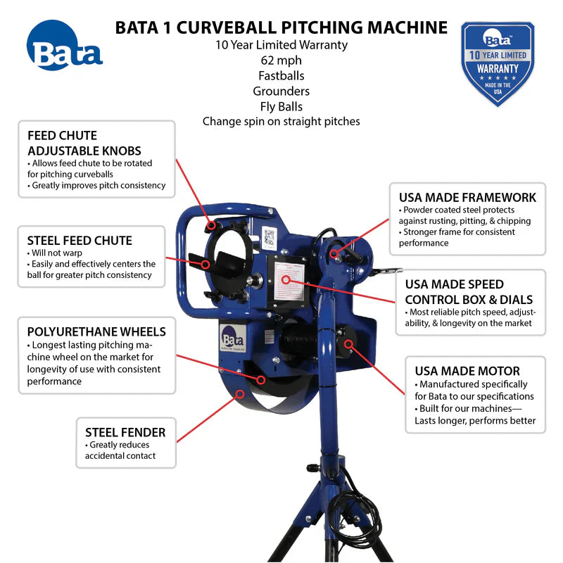 BATA B-1 Curveball Pitching Machine for Baseball, Softball, or Combination