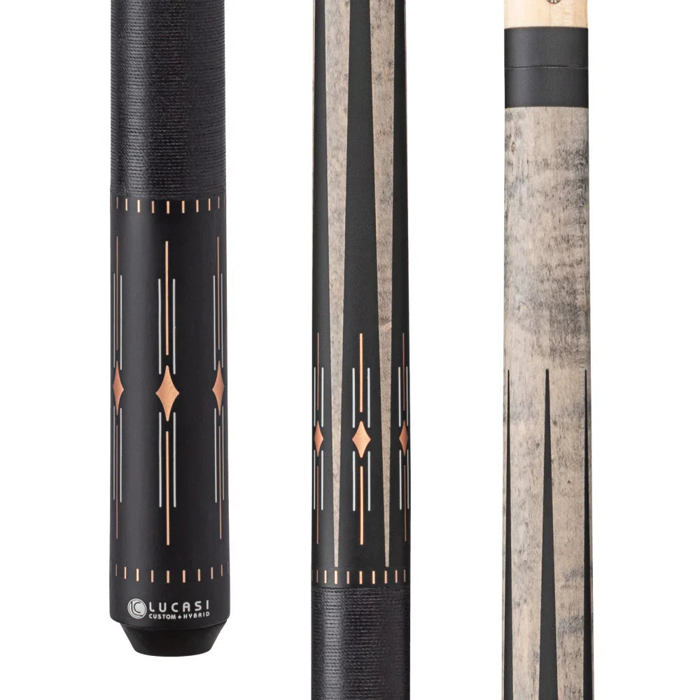 Lucasi Hybrid Matte Grey Wash/Charcoal Birdseye & White/Rose Gold Inlays Cue with Black Linen Wrap