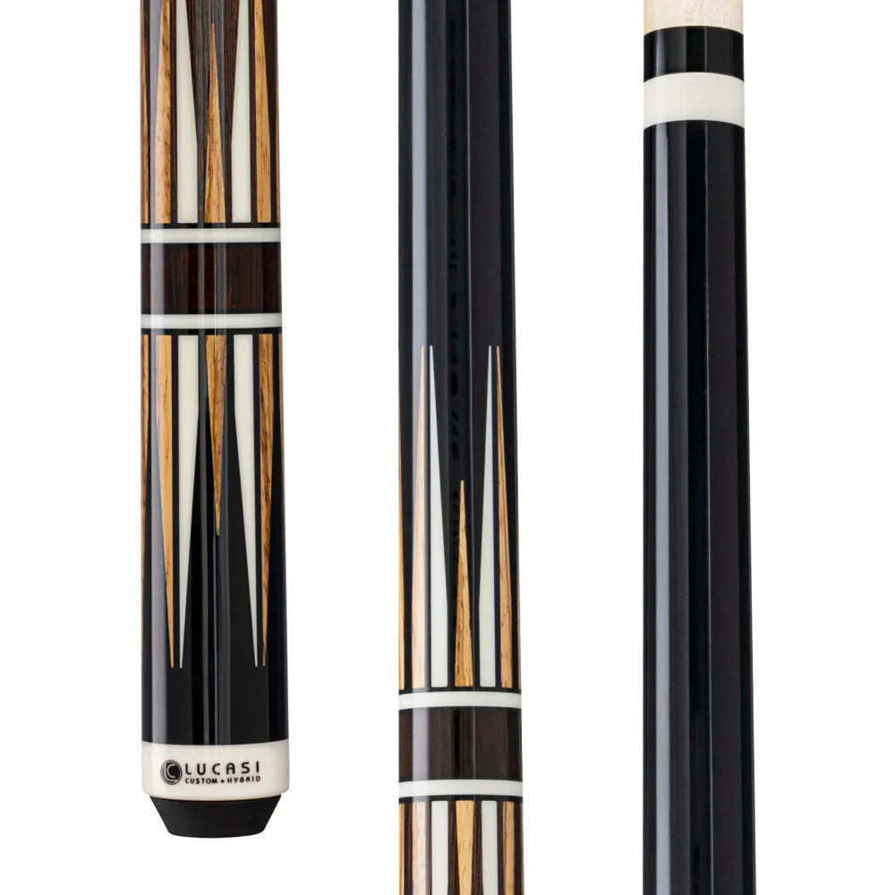 Lucasi LUX72 Midnight Black Pool Cue with Alternating Zebrawood and Imitation Bone Inlay Points