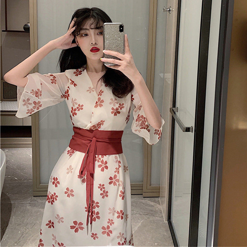 Temperament Fashion Short-sleeved Floral Hanfu Plus Size Dress Female New Summer