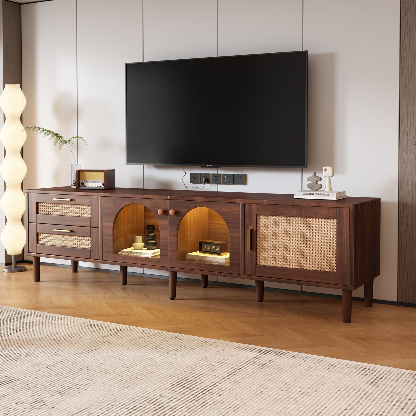 Rattan TV Stand with 3 Cabinets and 2 Drawers