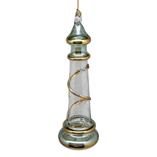 Glass Lighthouse Ornament With Gold Accent - Green