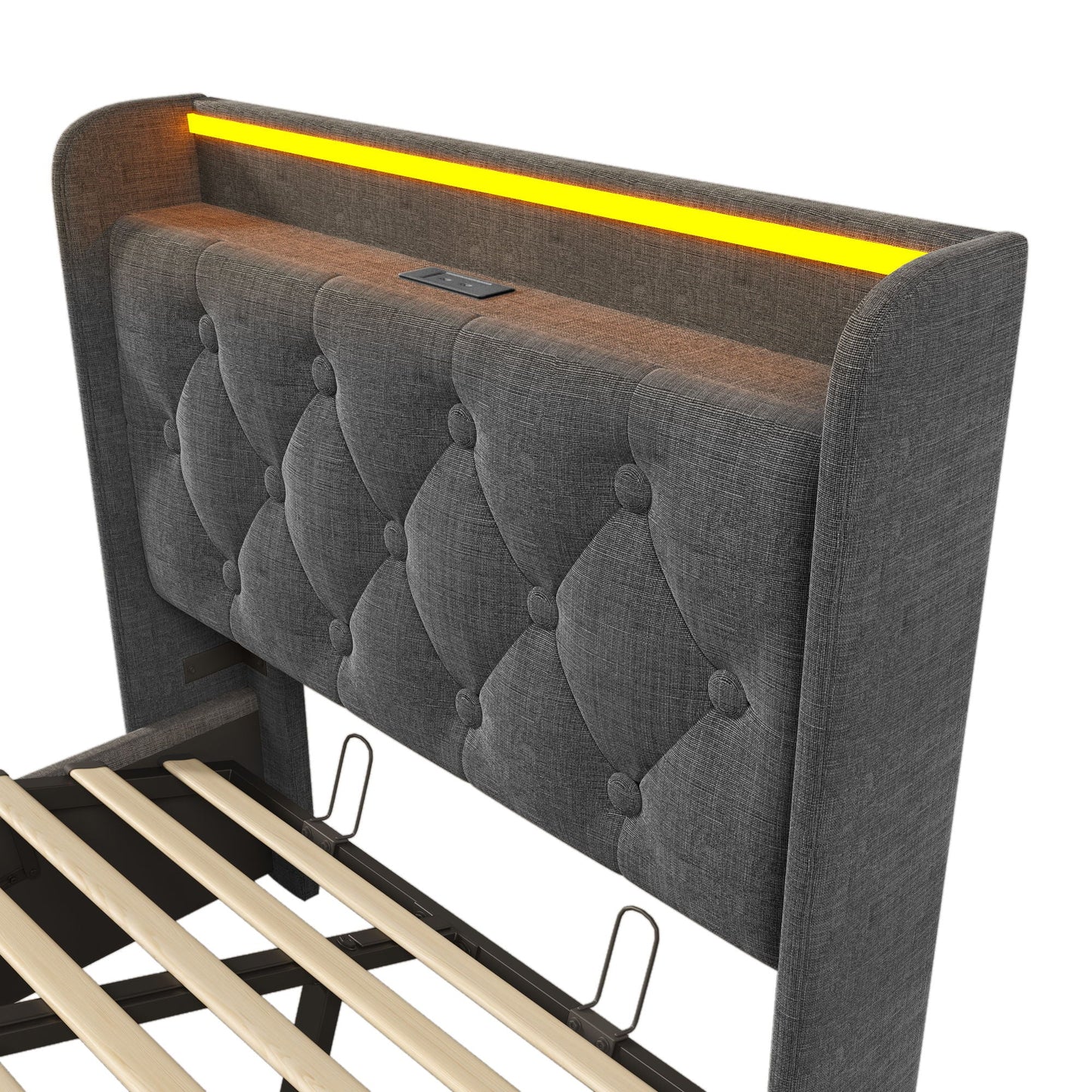 Upholstered Bed, 360 Surround LED Function, Remote Control, Hydraulic Storage Bed With USB, Type-C Charging (Without Mattress)