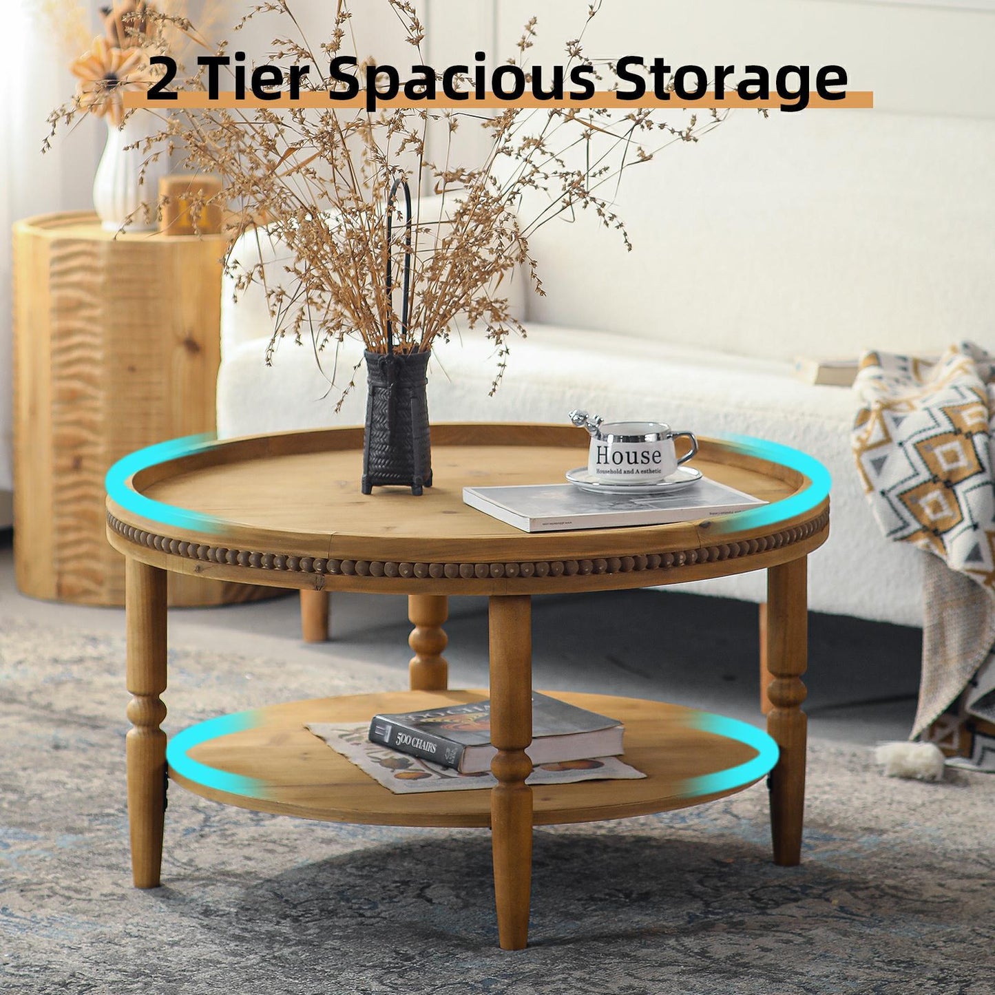 31.3' Round Boho Coffee Table with Storage Shelf