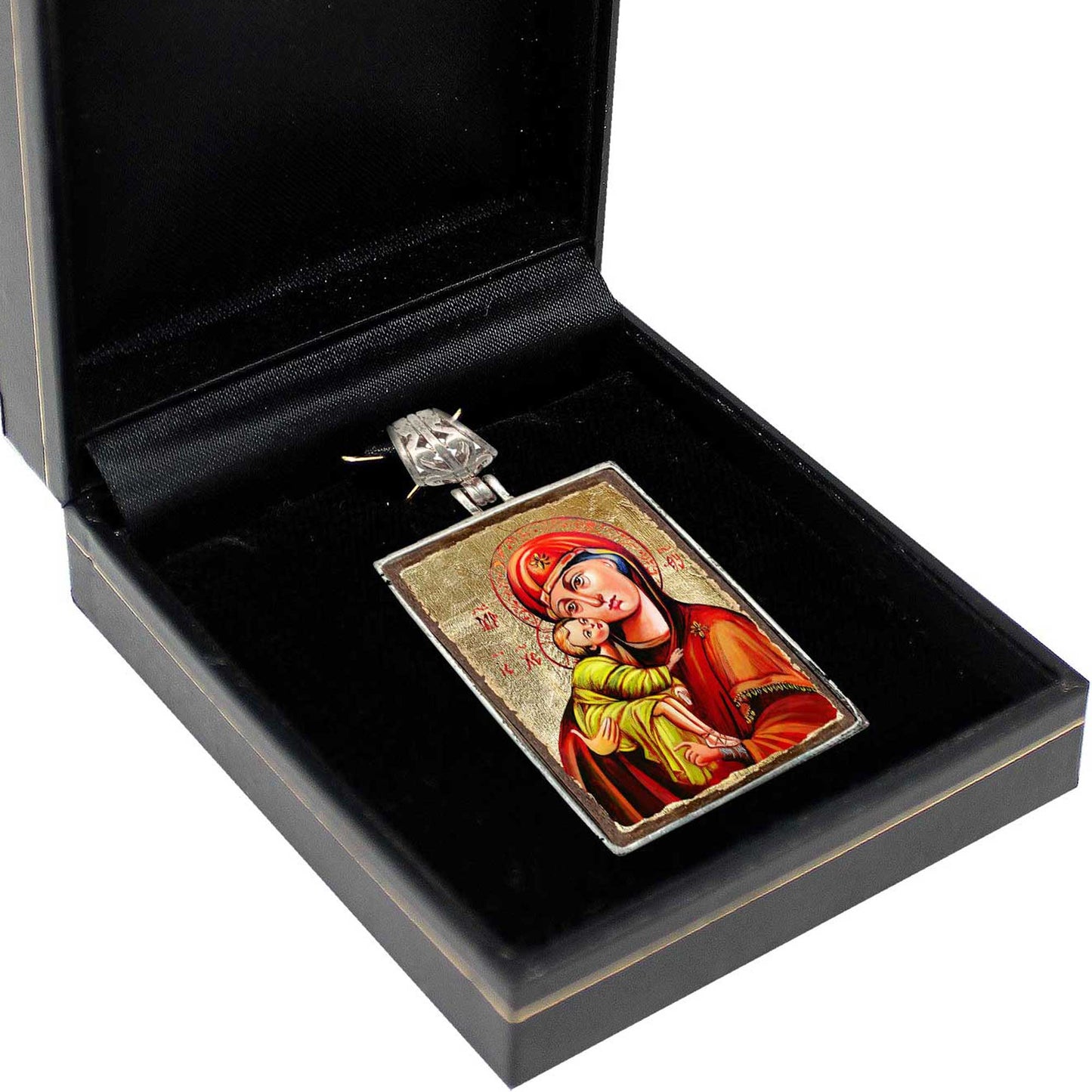Virgin Mary Religious Jewelry Silver Plated Necklace, Gold-Plated Wooden Cabochon - Orthodox Sacred Icon - Inspirational Icon Decor - 43011R
