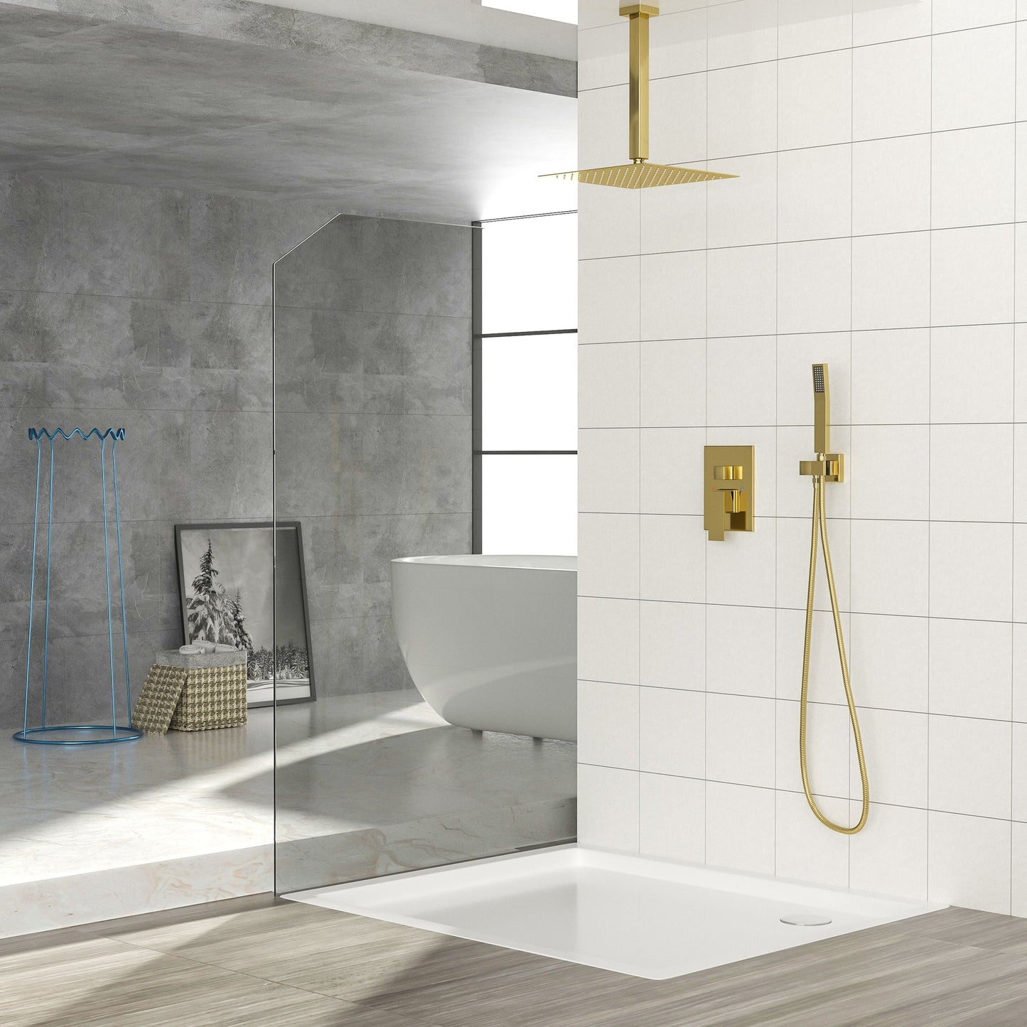 Dual Shower Head System With Ceiling Mount And Rough In Valve
