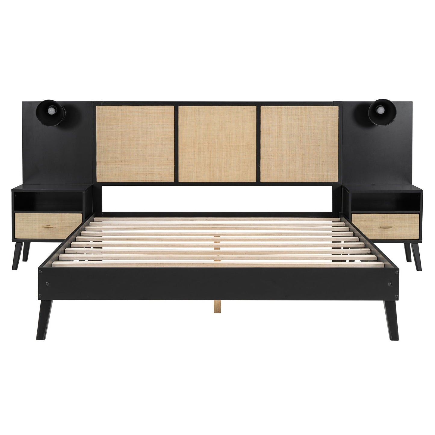 Bed Frame With 2 Nightstands Elegant Design With Lamps