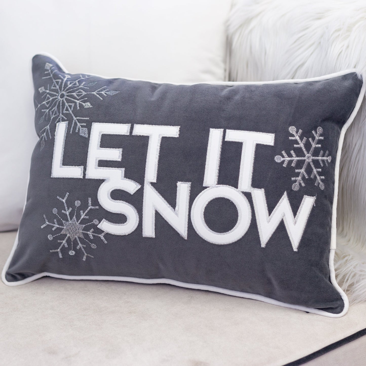 Nneka Let It Snow Gray Velvet Lumbar Pillow with Insert 14x20