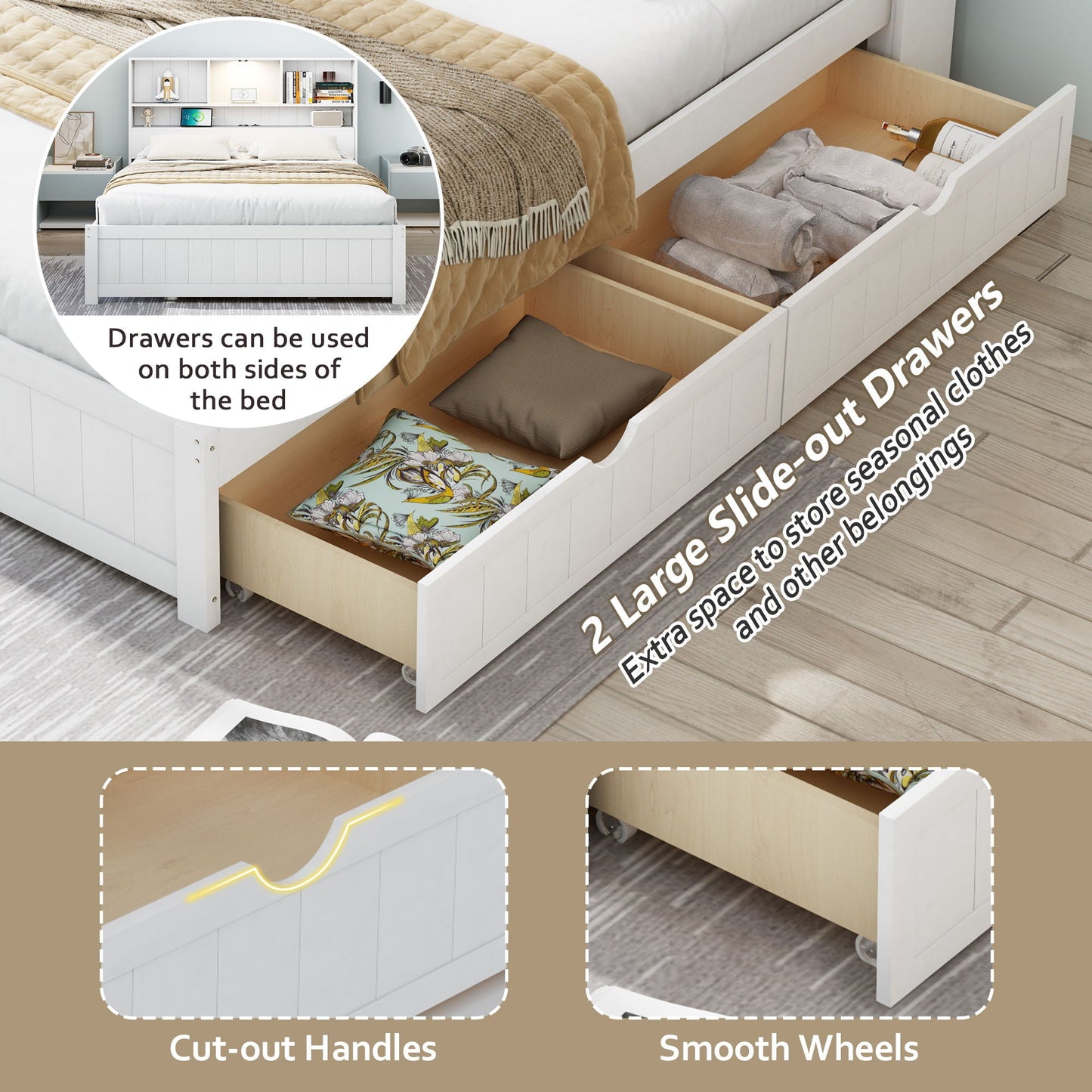 Platform Bed With Bookcase Headboard, Built-In Downlight, Charging Station, And 2 Side Drawers