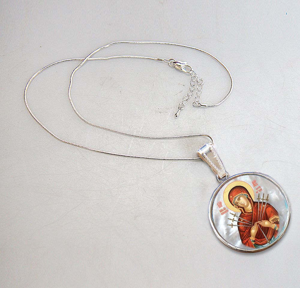 Virgin Mary of The Seven Swords Silver Plated Mother of Pearl Necklace - 43037