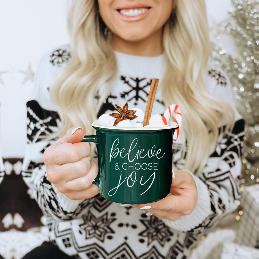 Believe And Joy Ceramic Campfire Mug 14.5oz Red Green Double-Sided White Text