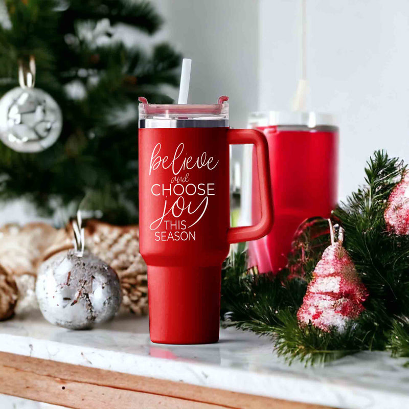 Believe Joy 40oz Insulated Tumbler With Handle Lid Straw Holiday Travel Mug