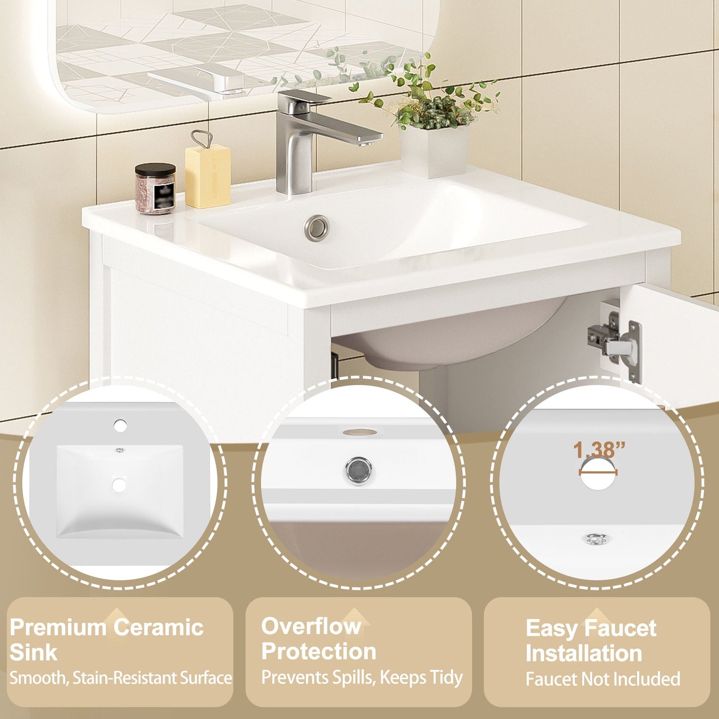 Bathroom Vanity With Ceramic Sink, Soft Close Drawers, Door Organizer, Divider Drawer, Adjustable Foot Pads