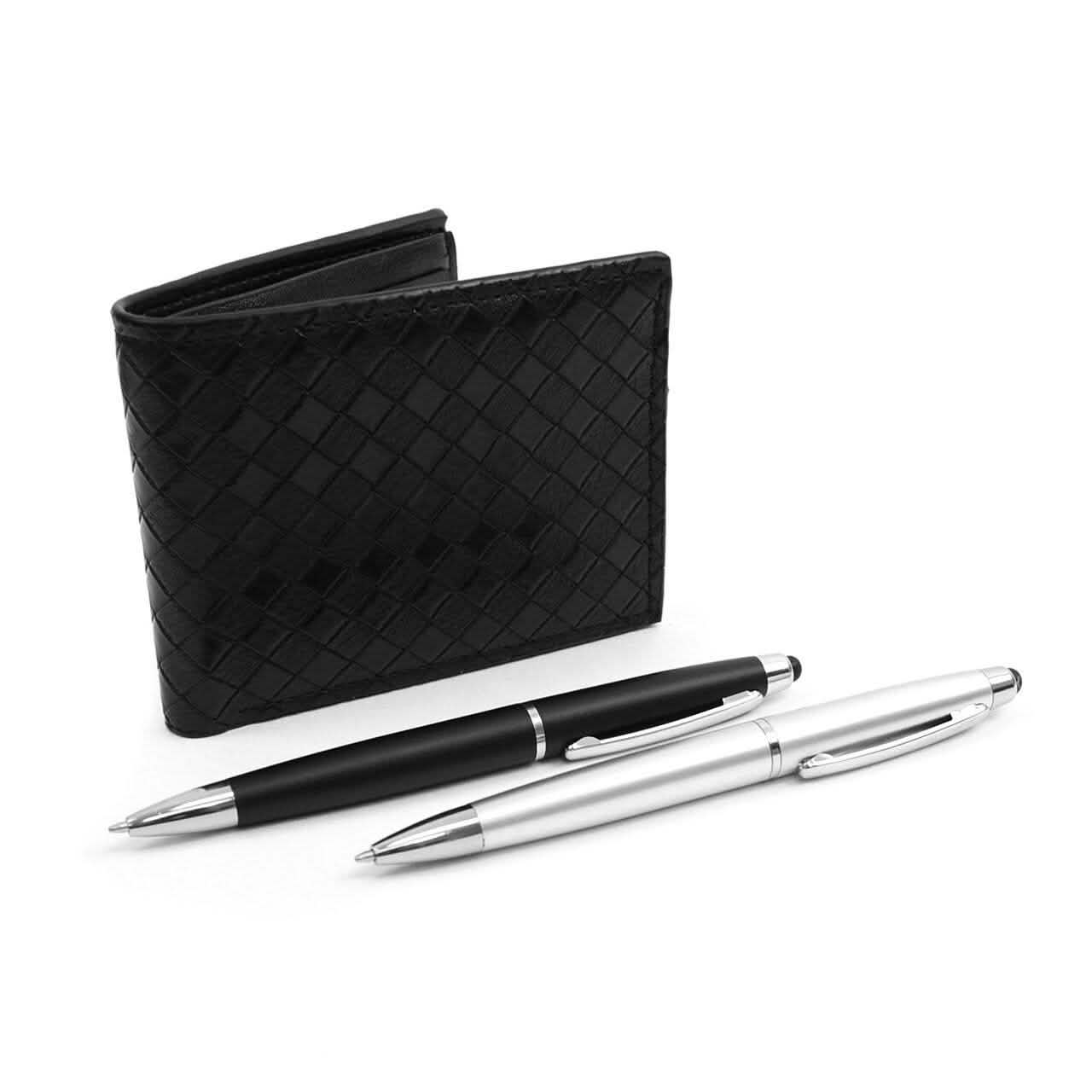 Bi-Fold Men's Leather Wallet and Pen Set with Touch Screen Stylus Tip