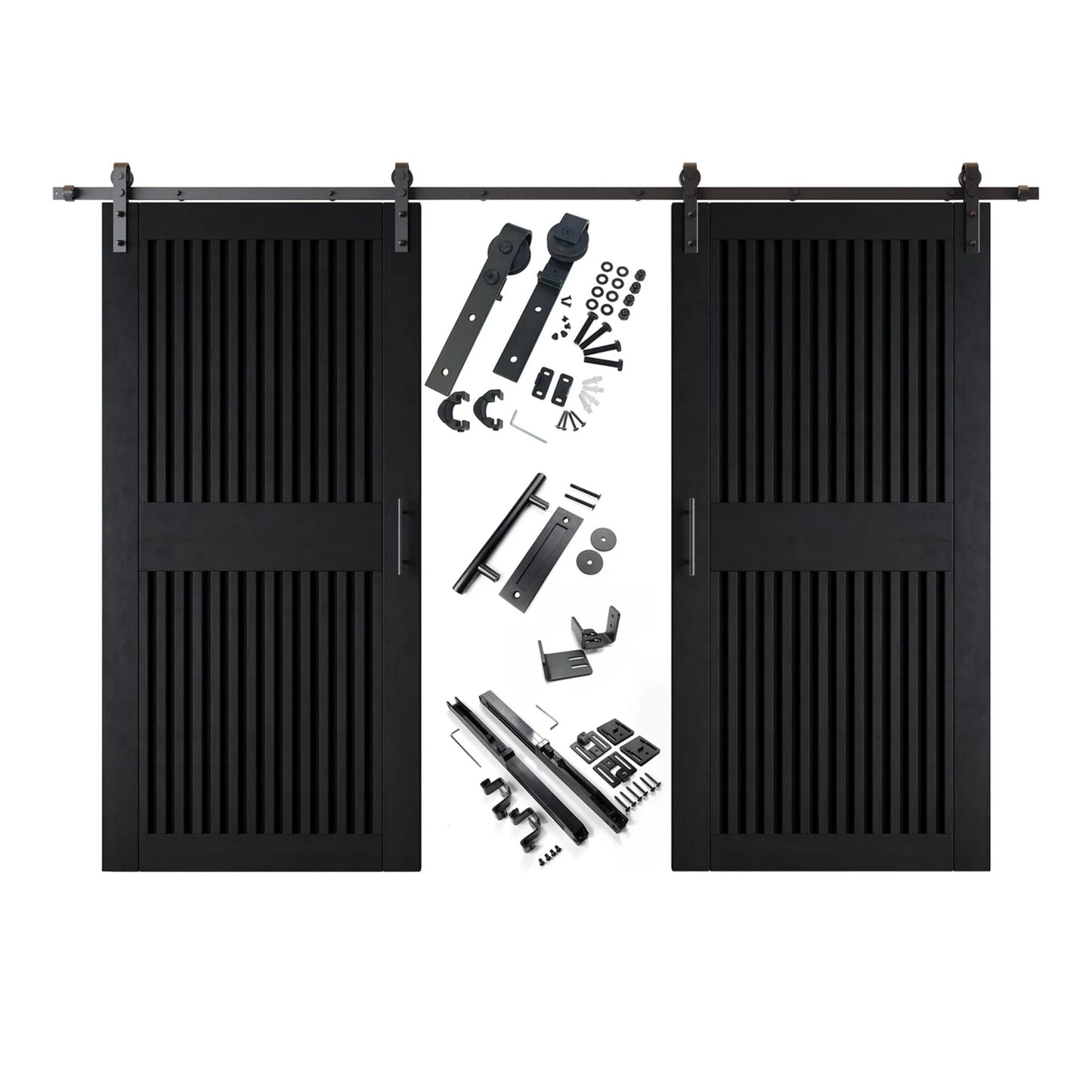 Vertical Slat Double Door Barn Door Kit | Black Barn Door Hardware