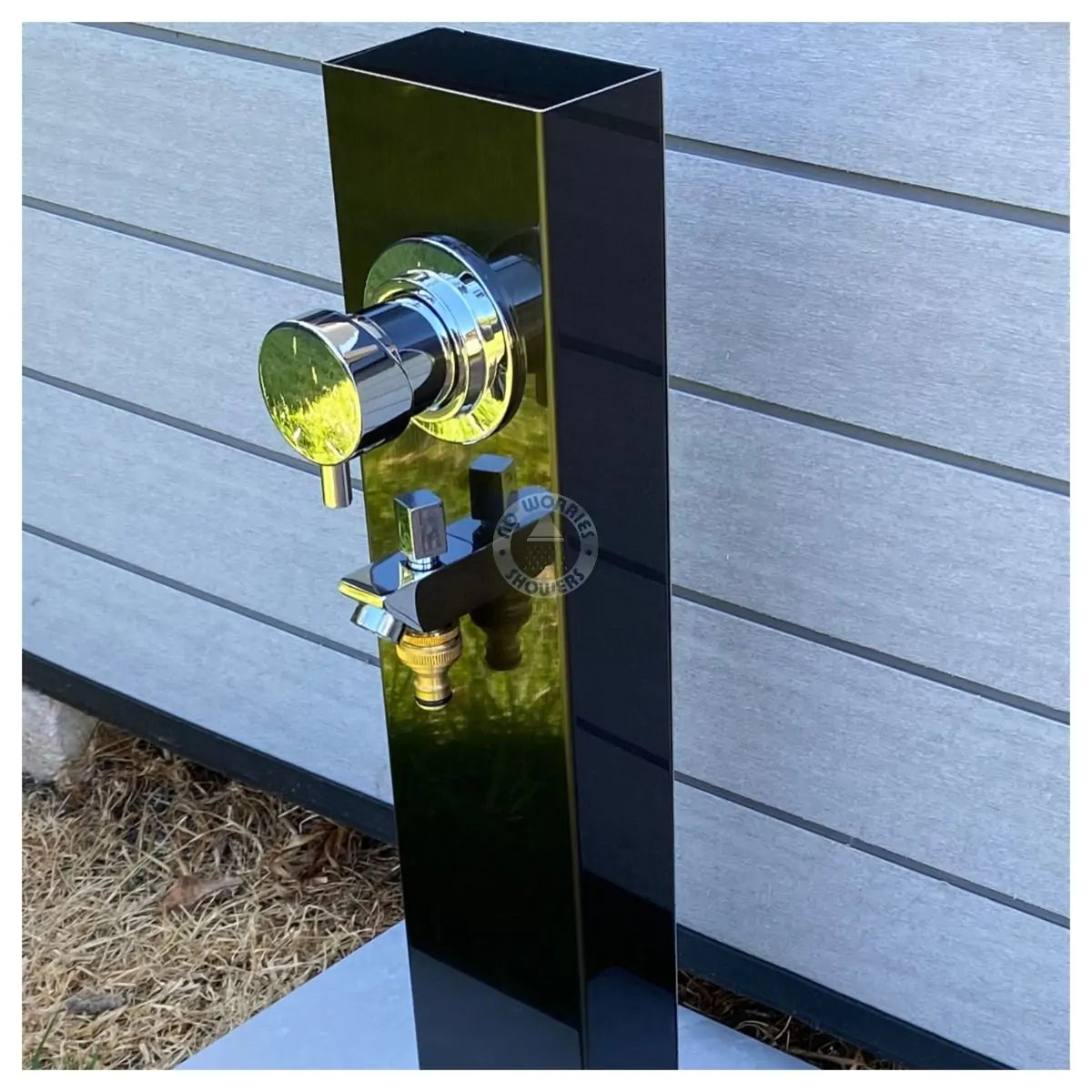 No Worries Showers Black Outdoor Foot Wash Station Ionized 316L Marine Grade Stainless Steel, with a Garden Hose Connection & Hot & Cold Mixer