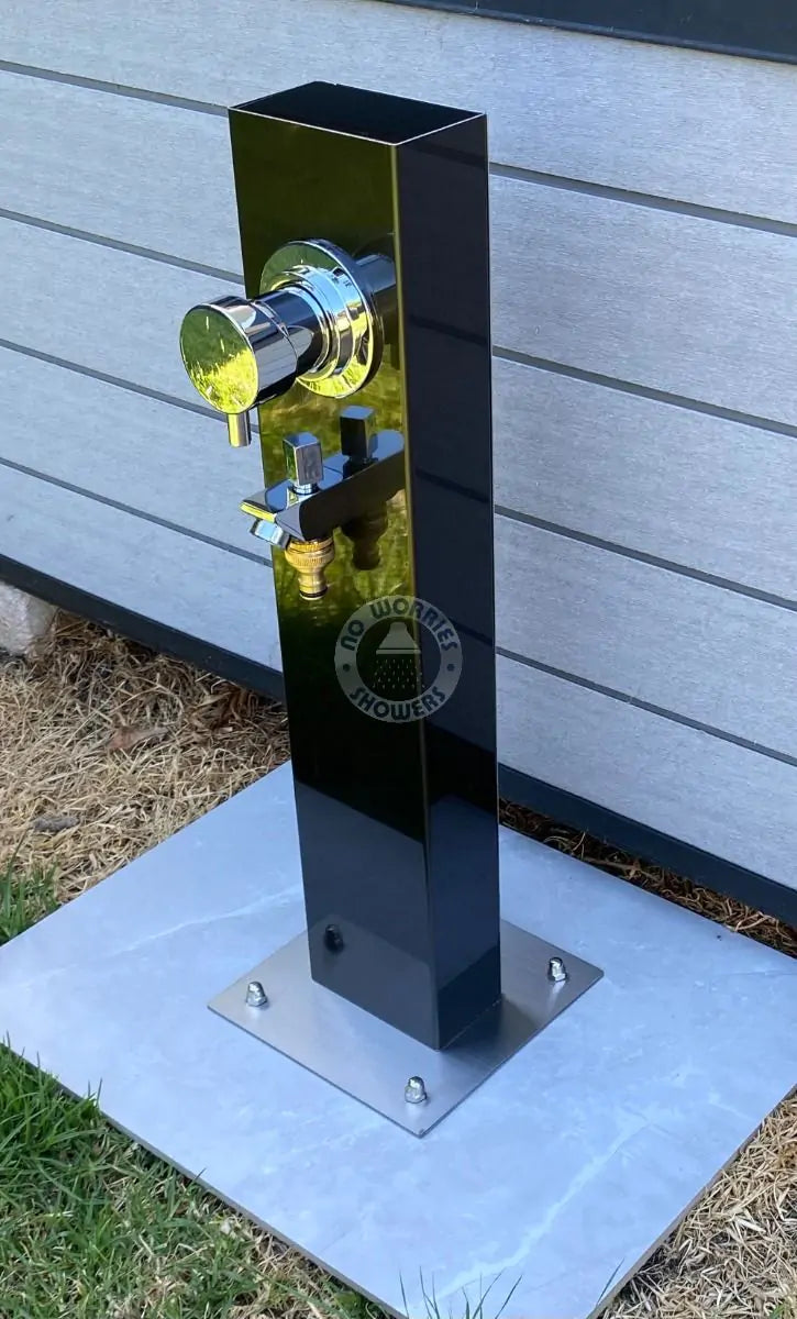 No Worries Showers Black Outdoor Foot Wash Station Ionized 316L Marine Grade Stainless Steel, with a Garden Hose Connection & Hot & Cold Mixer