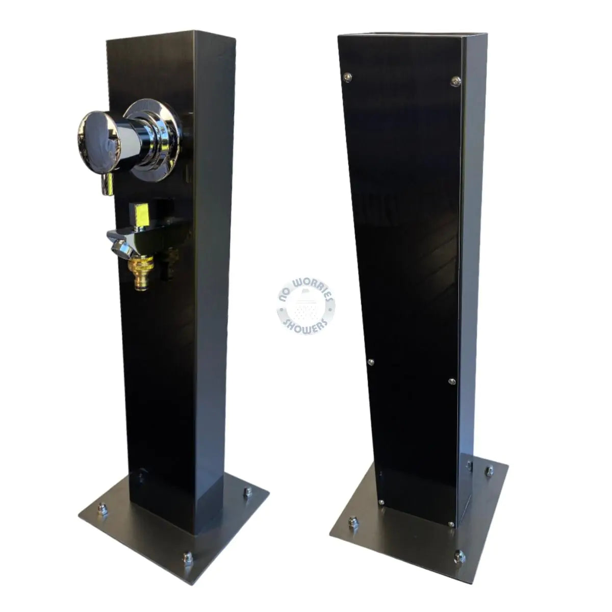 No Worries Showers Black Outdoor Foot Wash Station Ionized 316L Marine Grade Stainless Steel, with a Garden Hose Connection & Hot & Cold Mixer