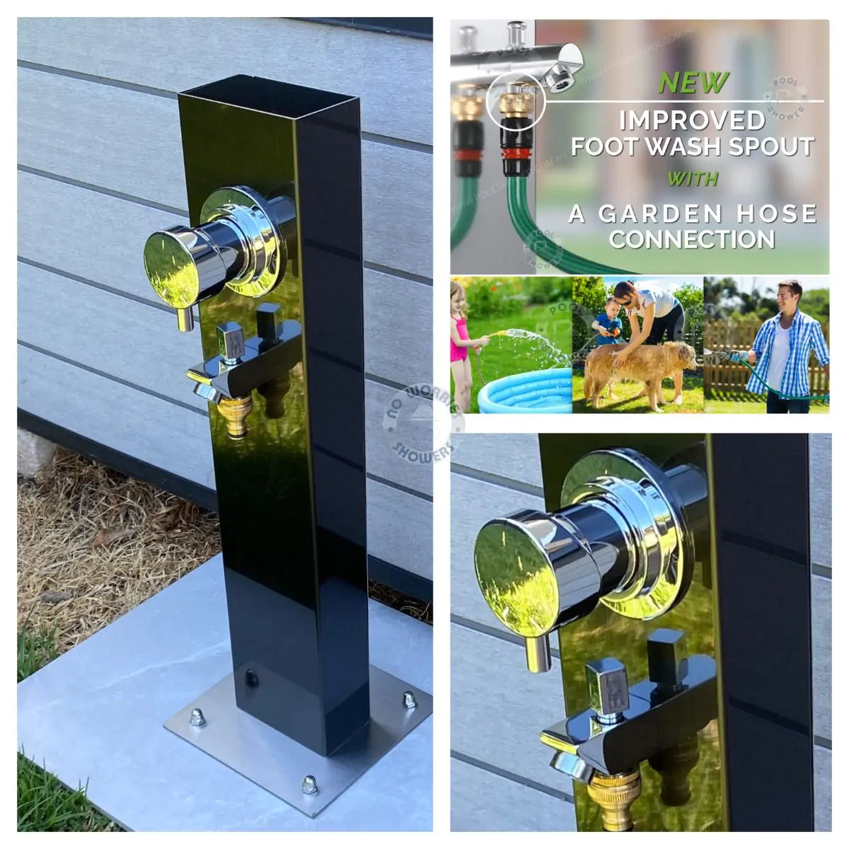 No Worries Showers Black Outdoor Foot Wash Station Ionized 316L Marine Grade Stainless Steel, with a Garden Hose Connection & Hot & Cold Mixer