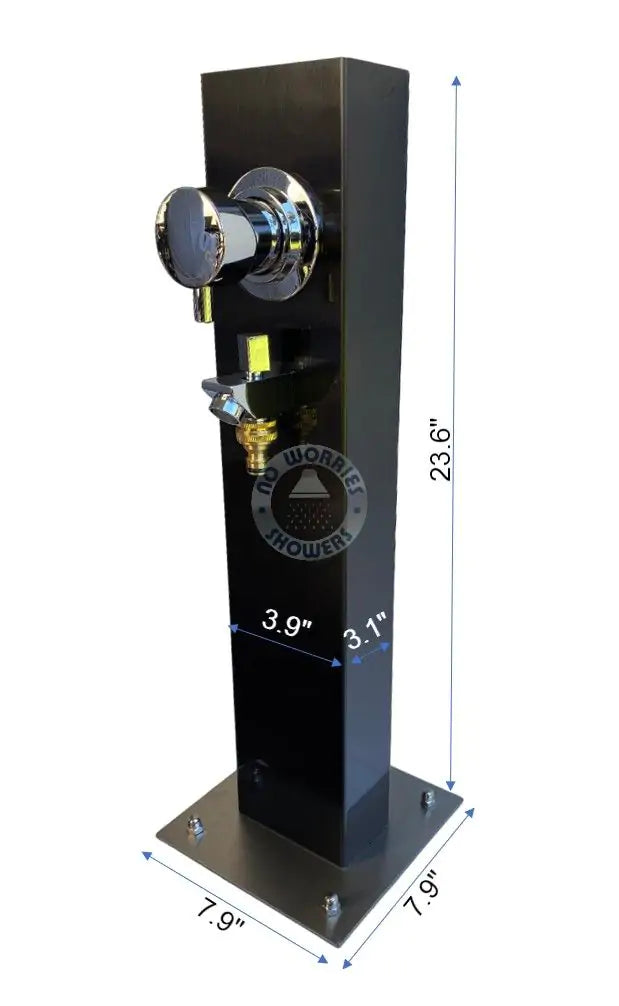 No Worries Showers Black Outdoor Foot Wash Station Ionized 316L Marine Grade Stainless Steel, with a Garden Hose Connection & Hot & Cold Mixer