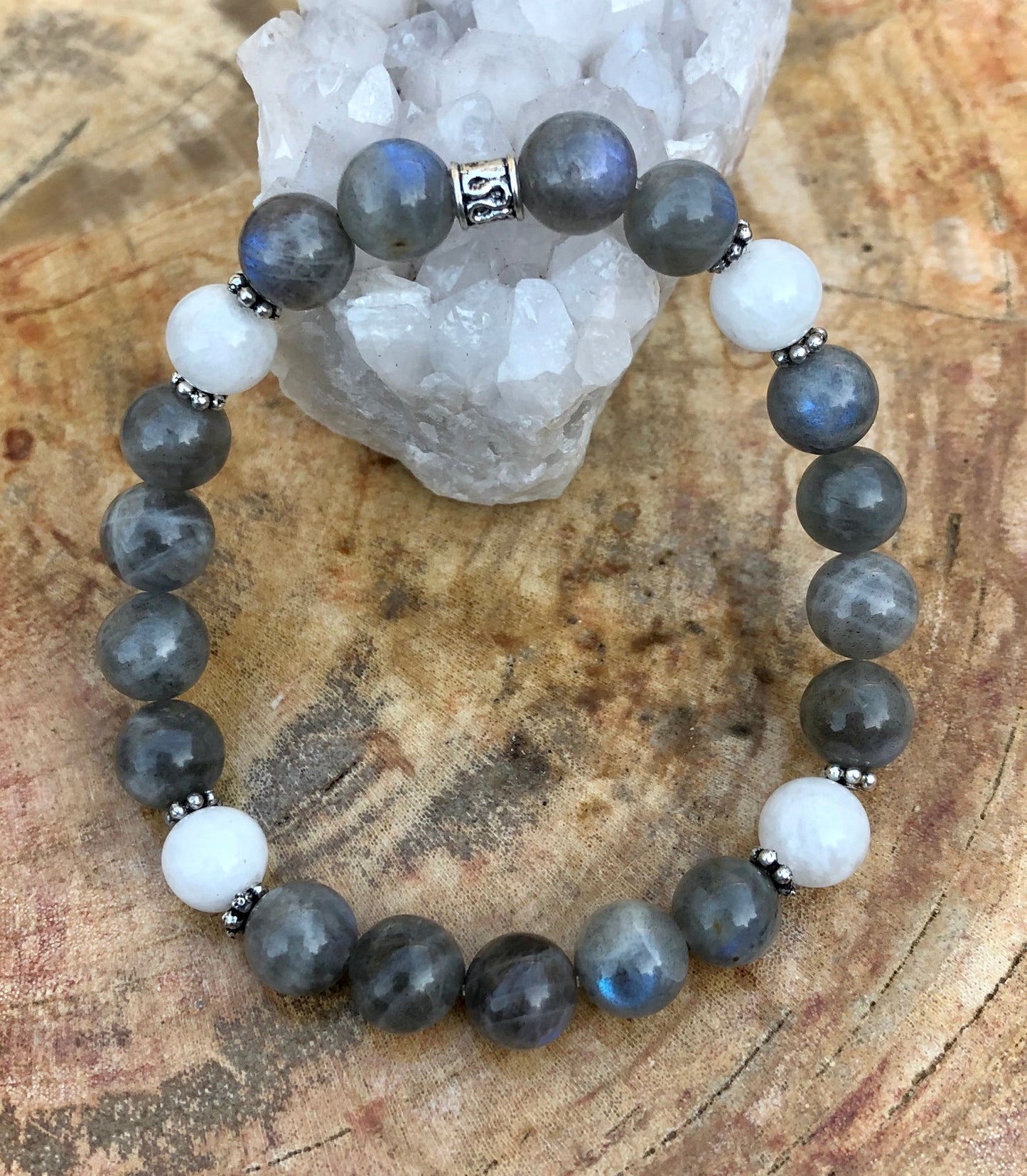 Blue Flash Labradorite Rainbow Moonstone Stretch Bracelet
