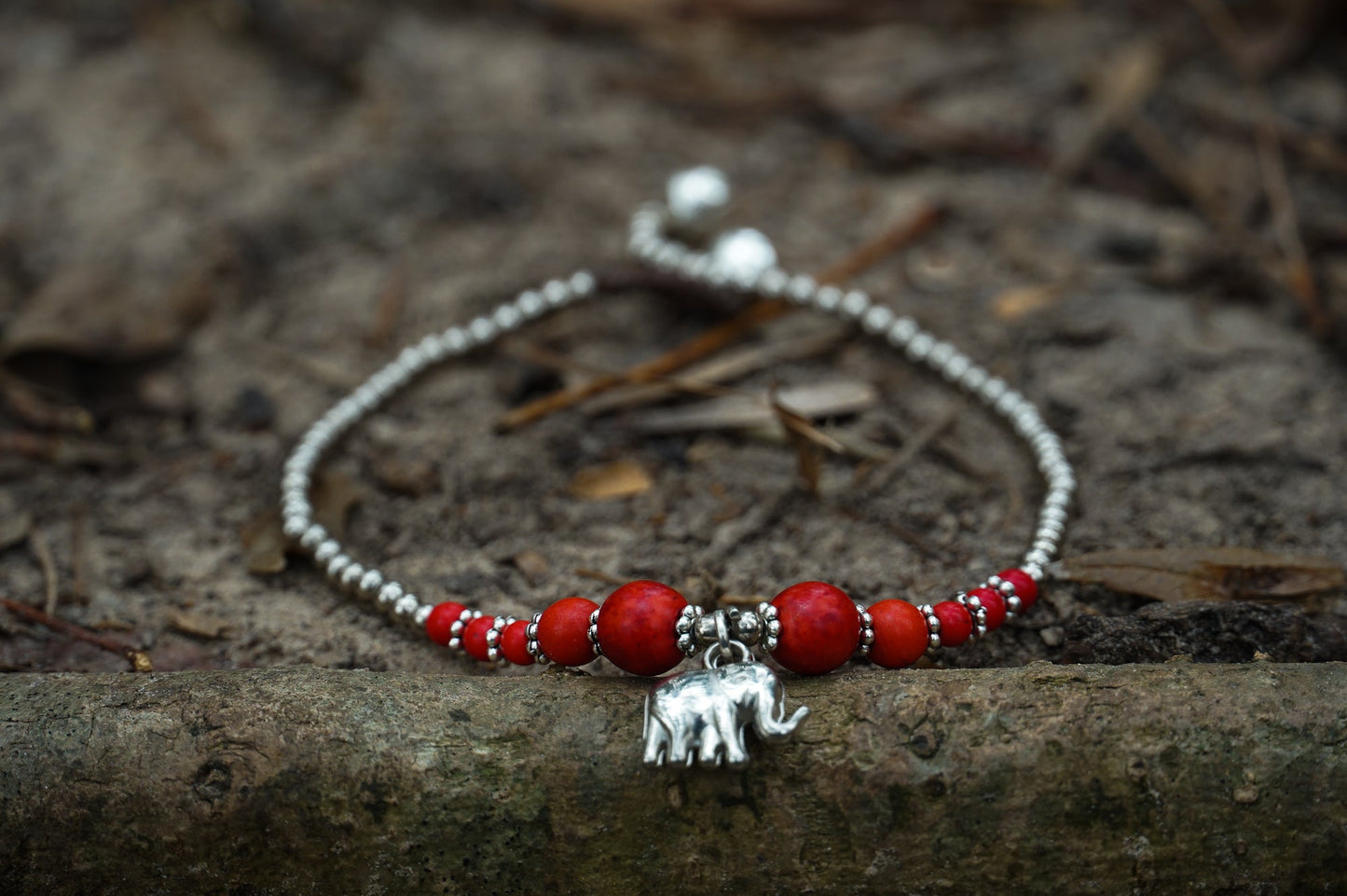 Boho Silver Anklet With Red Elephant Charm Beach Summer