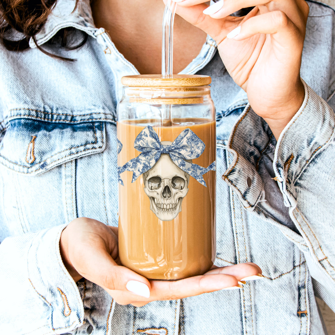 Bow Skull 20oz Insulated Glass Tumbler With Bamboo Lid And Stainless Straws