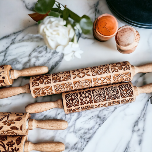 Boxed Rolling Pin Set - 5 Patterned Baking Pins, Kids Friendly, Wooden