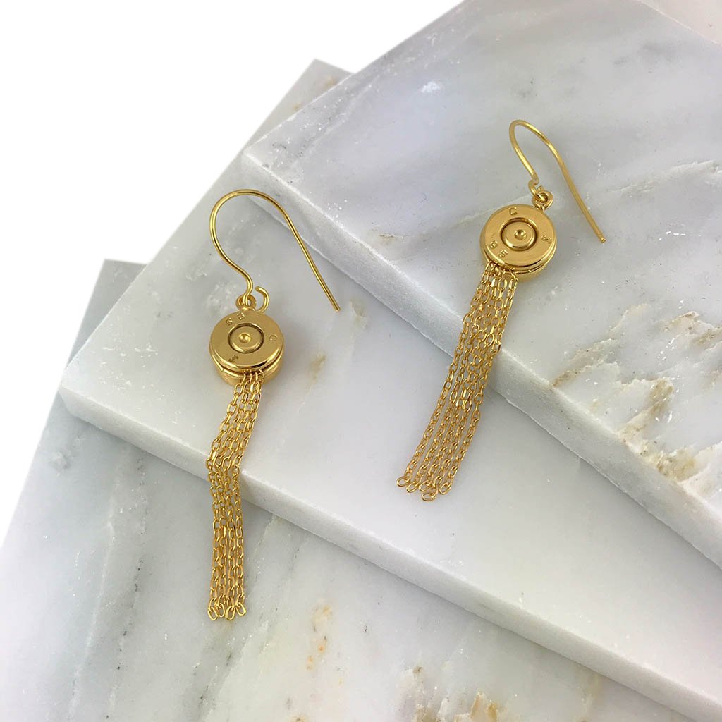 Bullet Tassel Earrings Recycled Brass Gold Plated Chains 2.25in Handmade