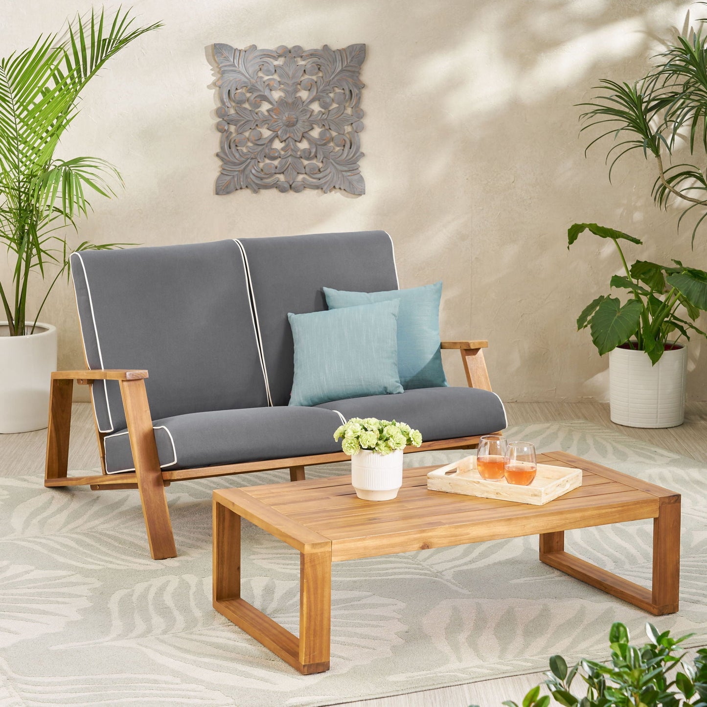 Paloma Contemporary Loveseat and Coffee Table Set with Weather Resistant Cushions