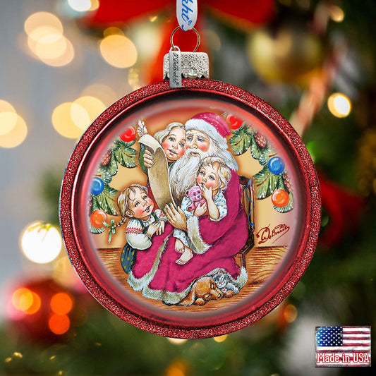 Reading Wish List Glass Ornament by G. DeBrekht - Christmas Santa Snowman Decor - 73364C