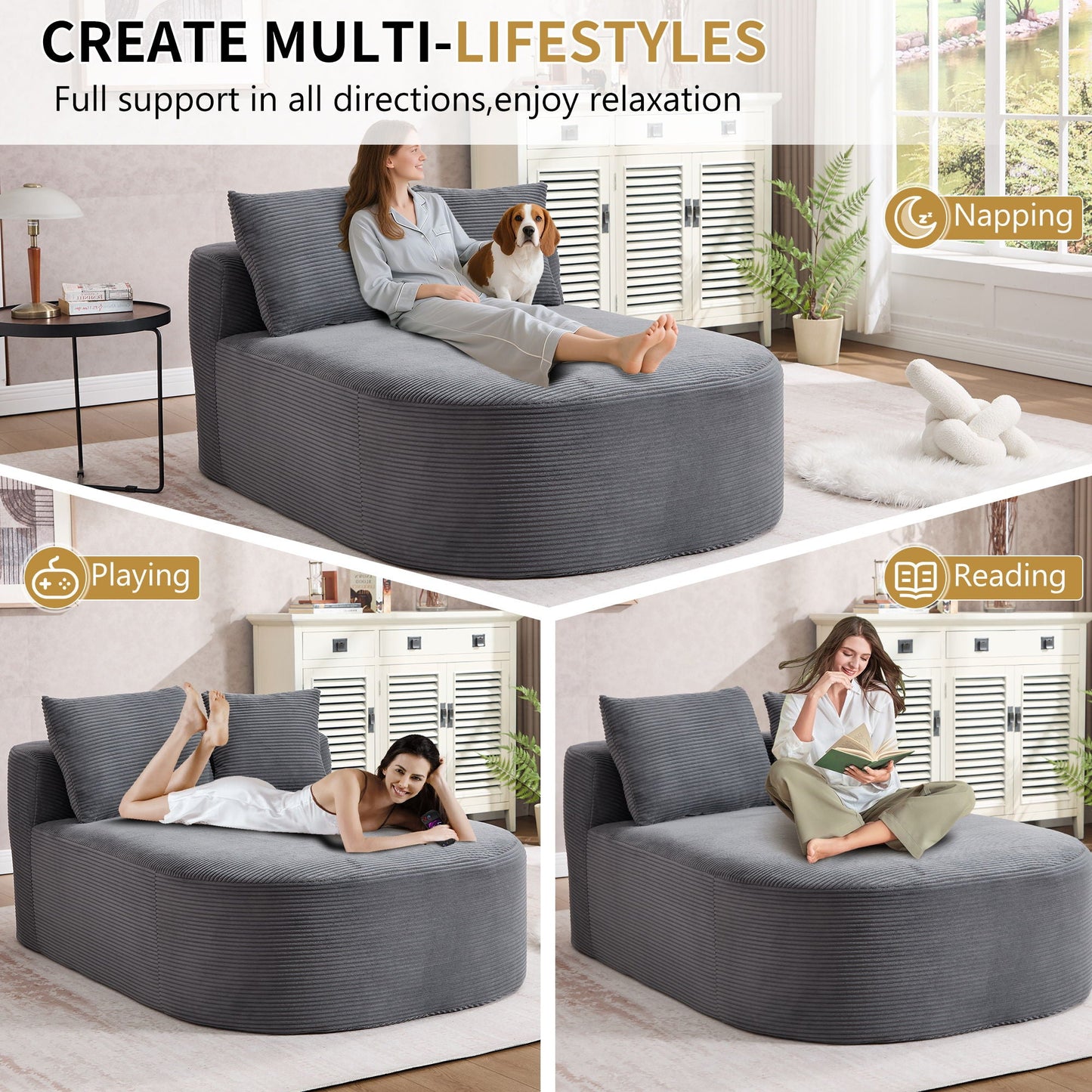 Oversized Chaise Lounge Sofa Bed With Deep Seat And Soft Pillows