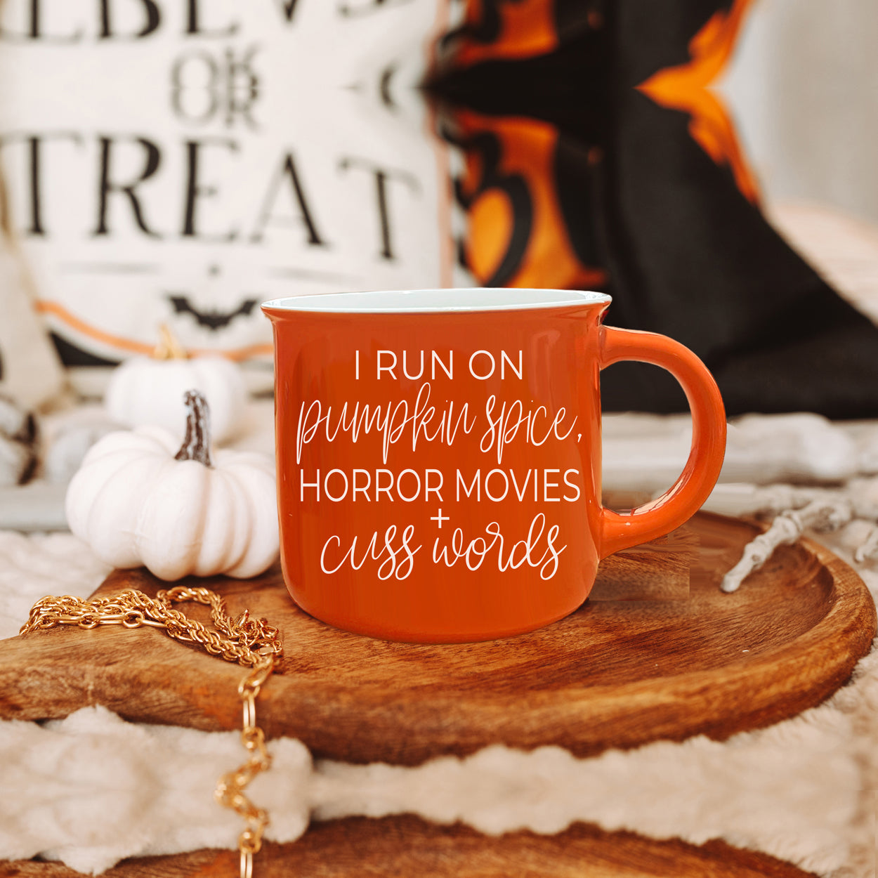 Pumpkin Horror Mug 14.5oz Orange Ceramic Campfire Dual-Sided White Text