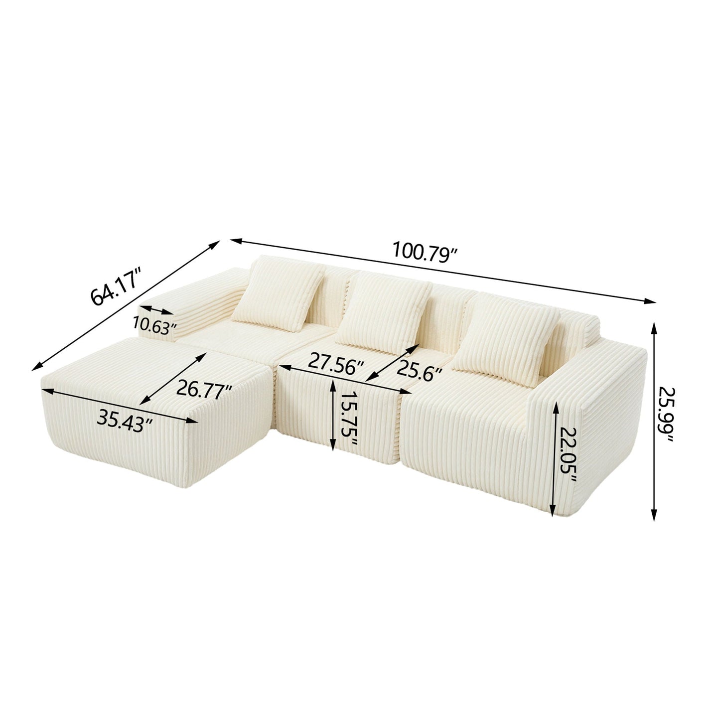 L-Shape Modern Minimalist Modular Sectional Sofa with Deep Seats