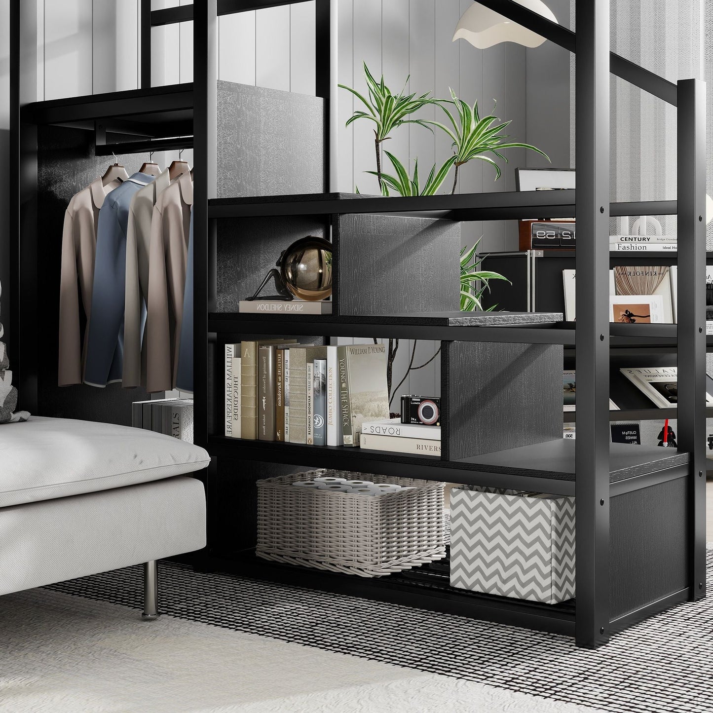 Queen Size Loft Bed With Stairs, Storage Shelves, Wardrobe - Black
