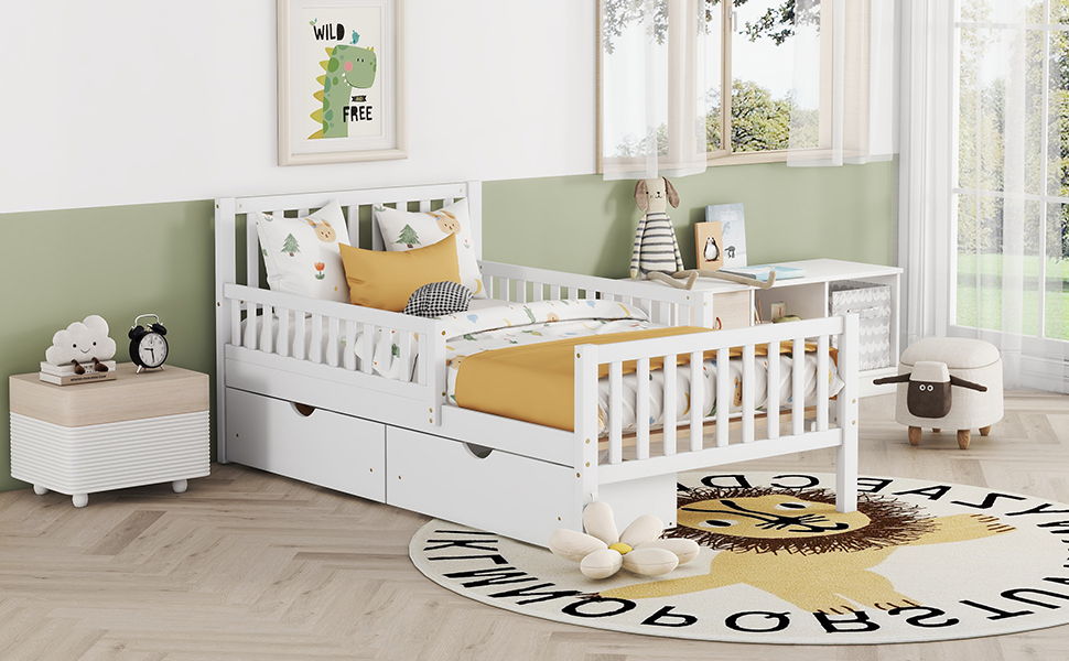 Platform Bed With Guardrails On Both Sides And 2 Storage Drawers