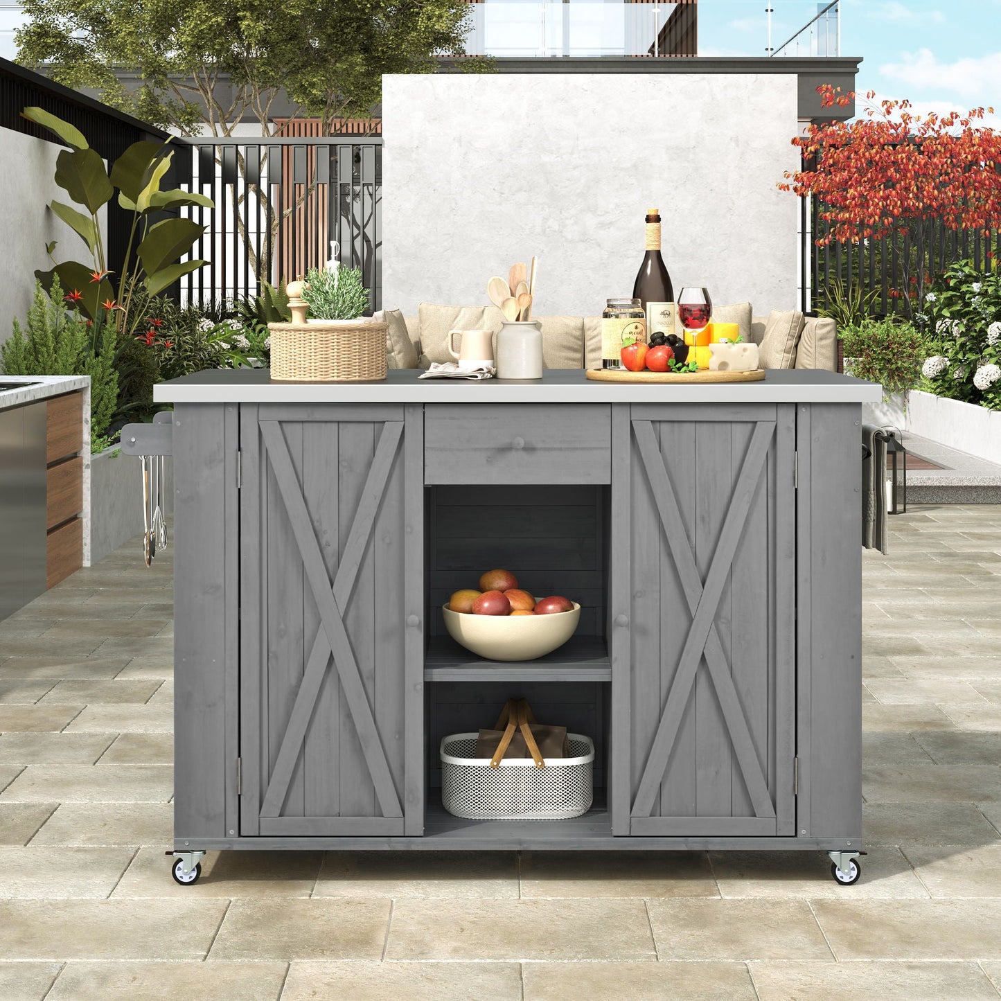 Outdoor Kitchen Island With Stainless Steel Top, Ample Storage Space, Towel And Spice Racks And A Bottle Opener