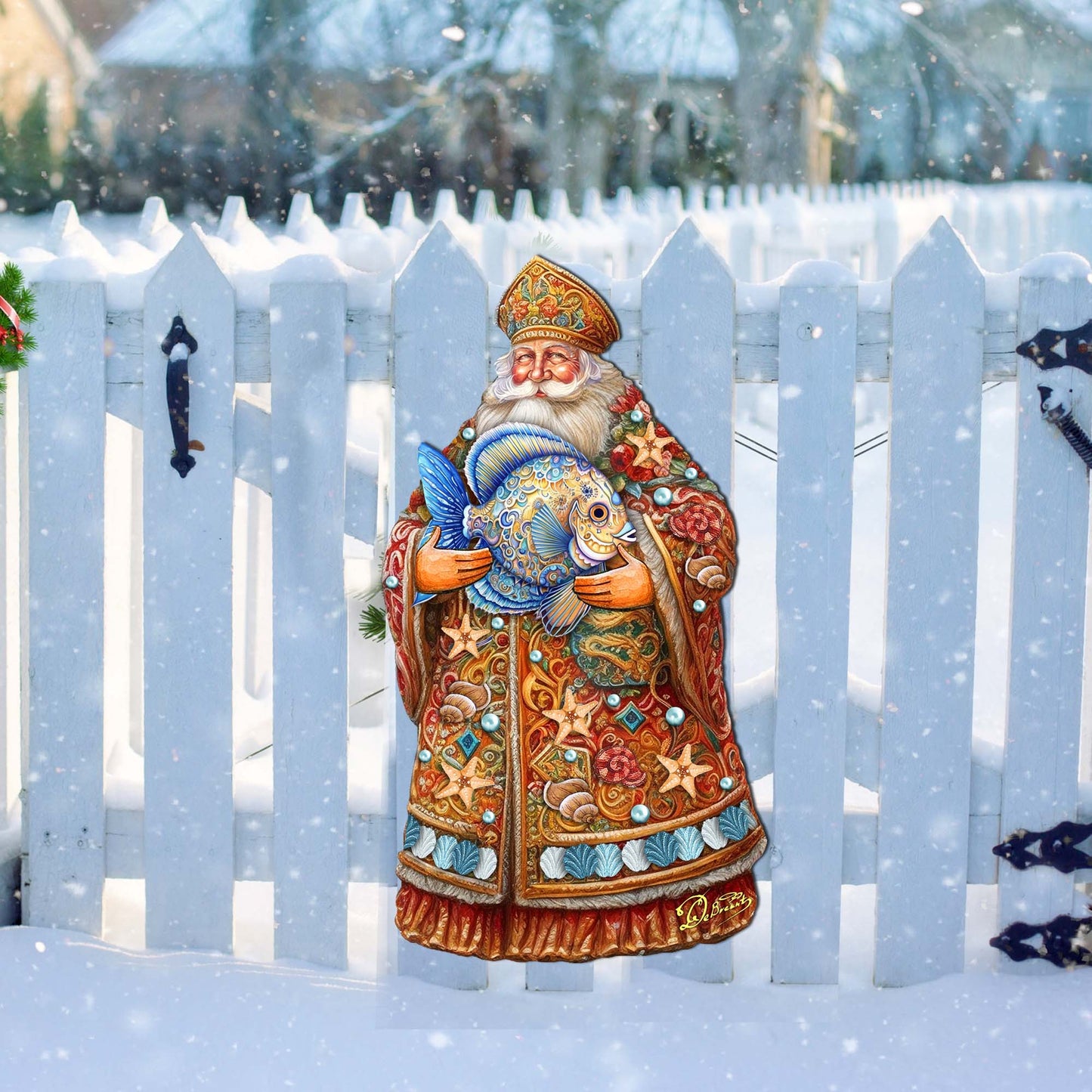Santa with Fish Holiday Door Decor by G. Debrekht - Christmas Santa Snowman Decor - 8691411H