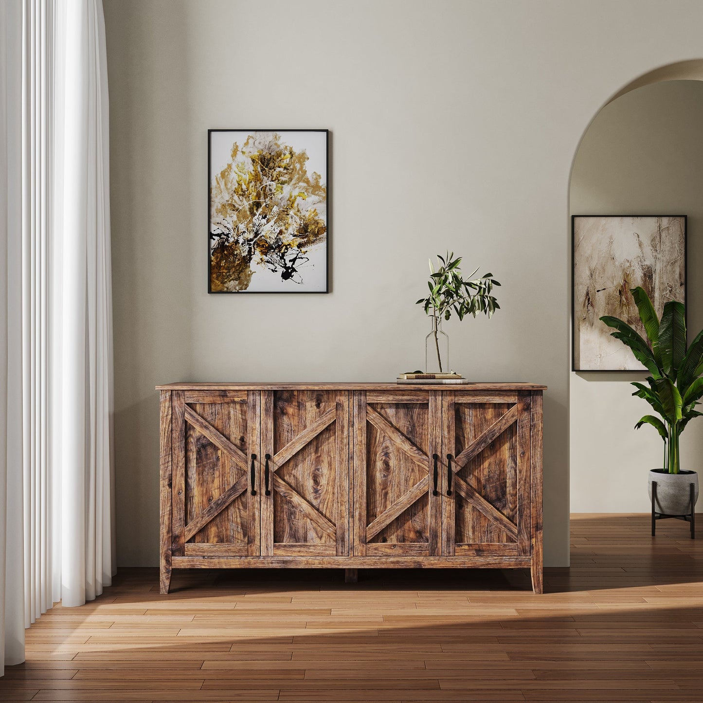 Cabinet with 4 Doors and 4 Open Shelves Freestanding Sideboard