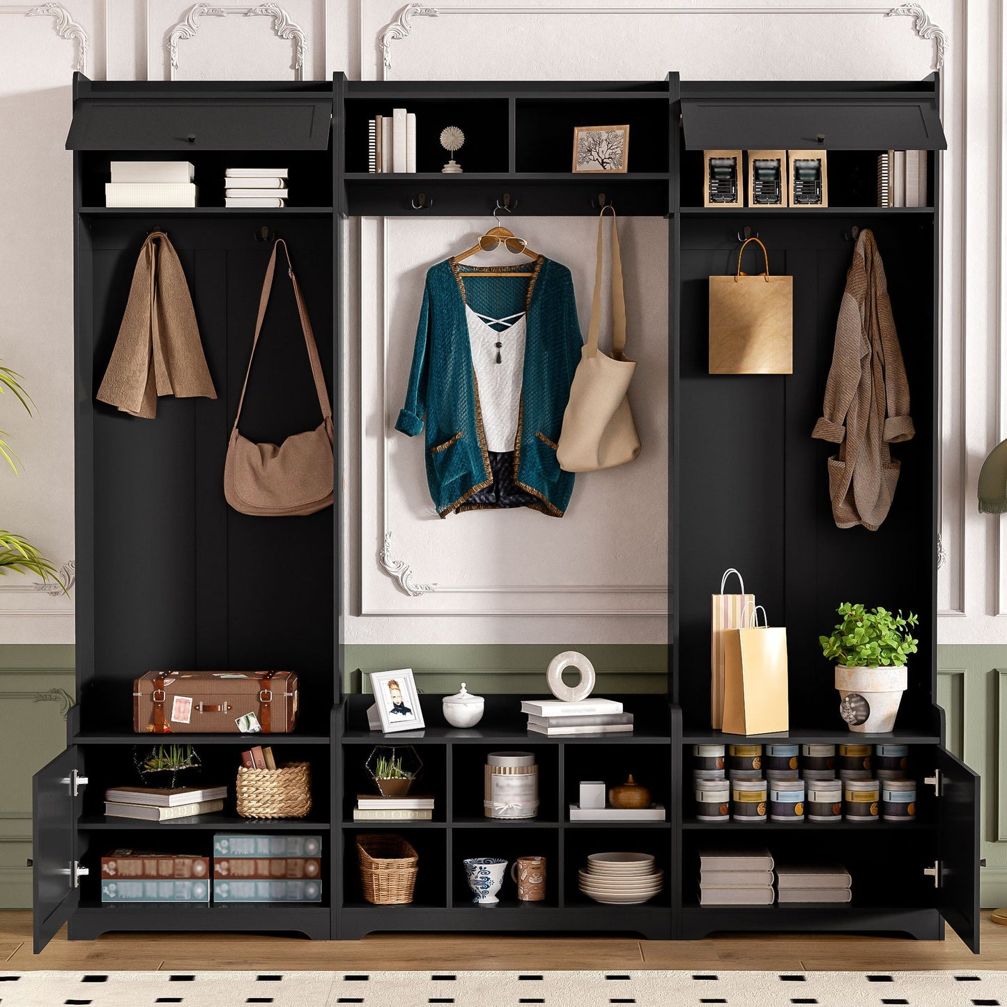 Wide Hall Tree With Shoe Storage, 4 In 1 Entryway Bench