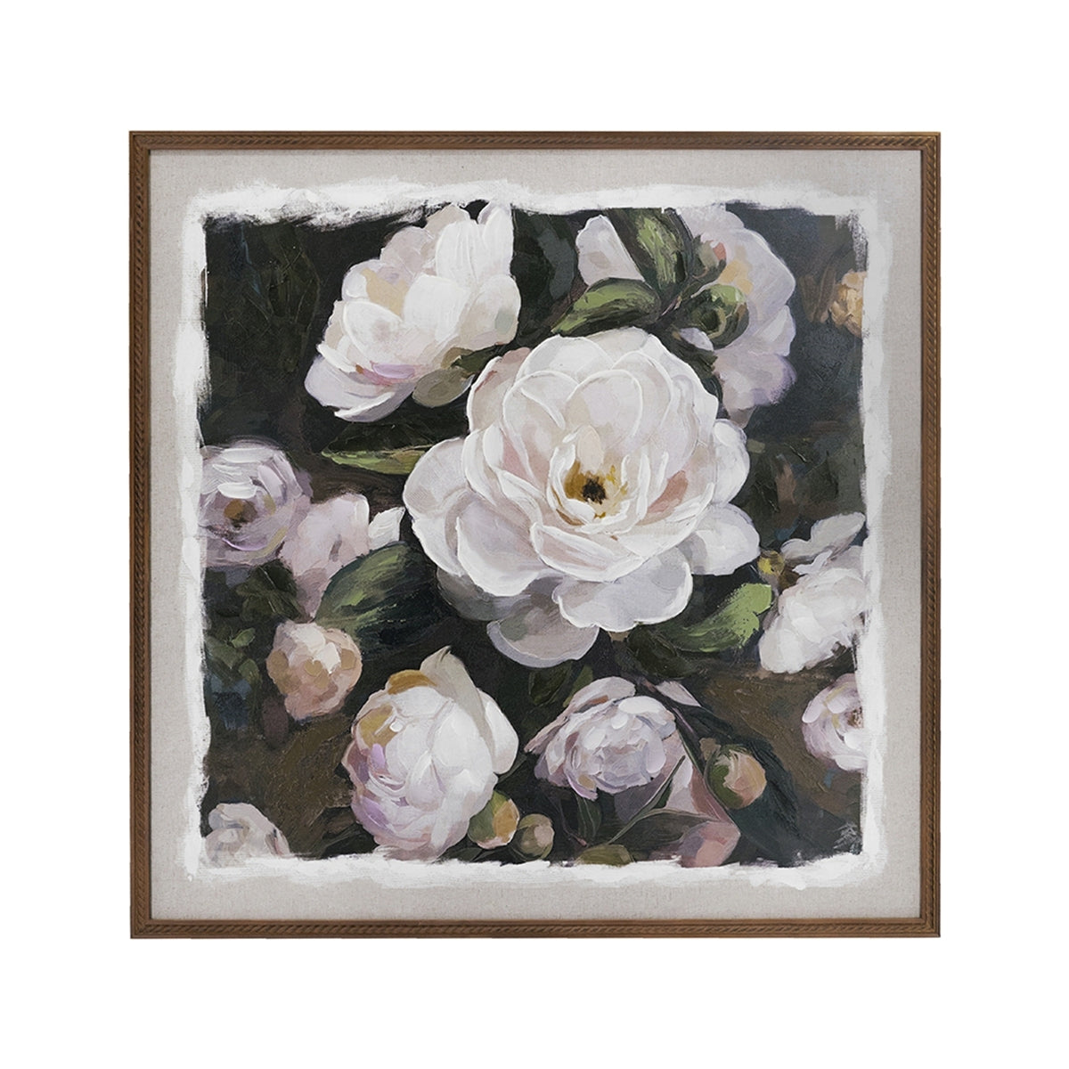 39.4x39.4 Hand-Painted White Rose Canvas Art with Brown Pine Wood Frame