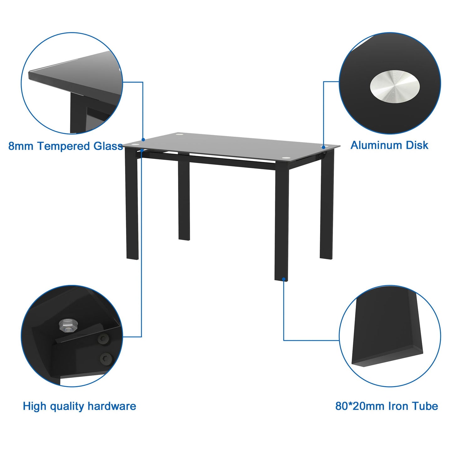 Modern 5 Piece Dining Table Set With Glass Top And Chairs - Black
