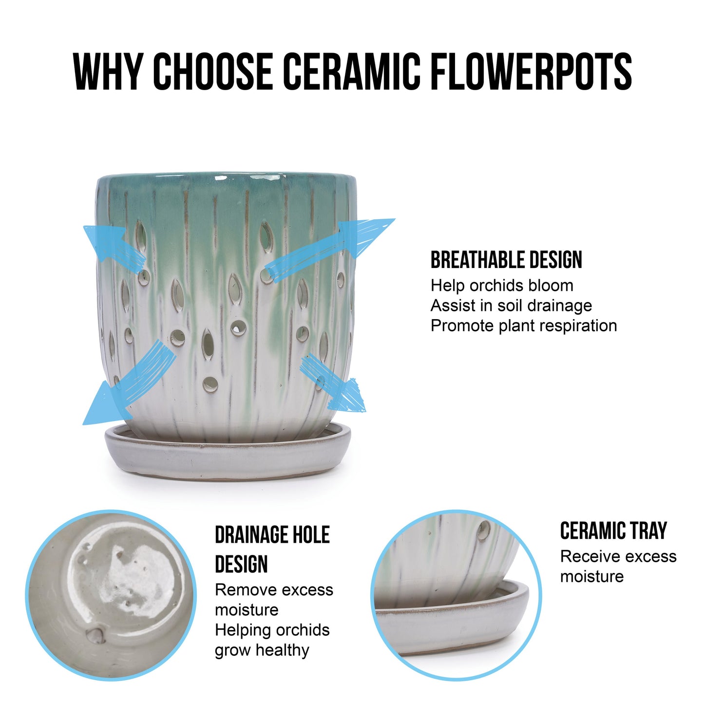 Set of 2 Ceramic Flowerpots with Drainage Hole