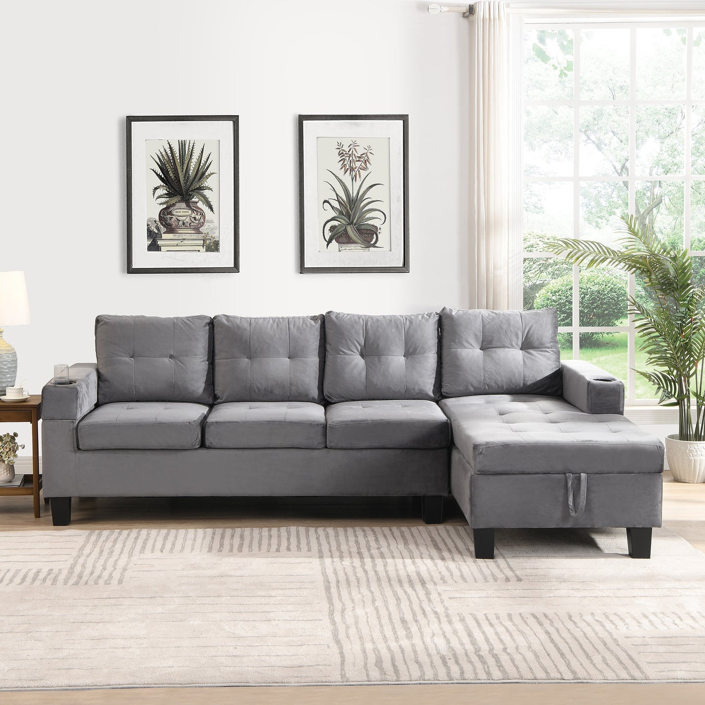 Modern Sectional Sofa Set with L Shape Chaise Lounge and Storage in Grey Velvet Fabric