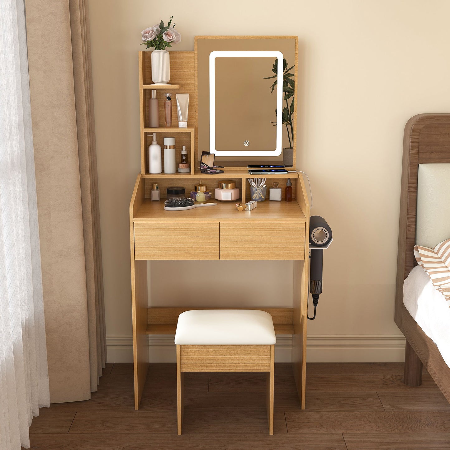 Vanity Table With LED Mirror, Power Outlet, Hairdryer Holder & Padded Stool
