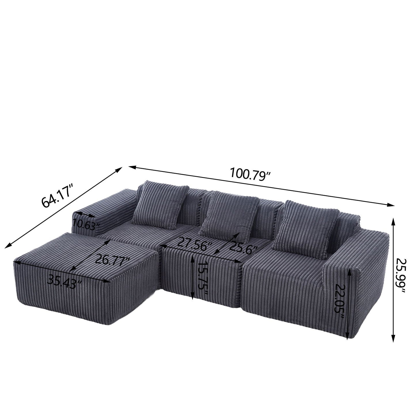 L-Shape Modern Minimalist Modular Sectional Sofa with Deep Seats