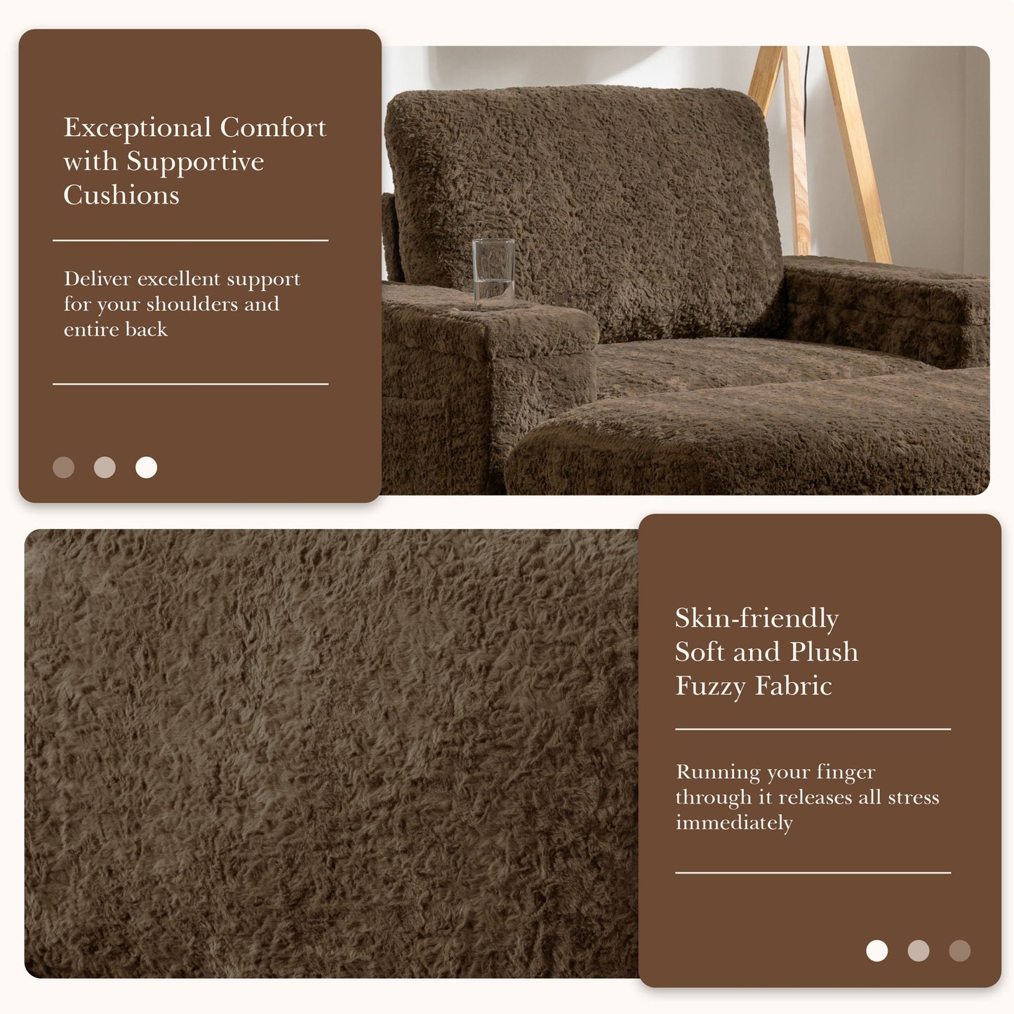 Oversized Chaise Lounge Indoor Rabbit Fur Sofa Bed With Storage Ottoman And Armrests Cup Holders With Deep Seat
