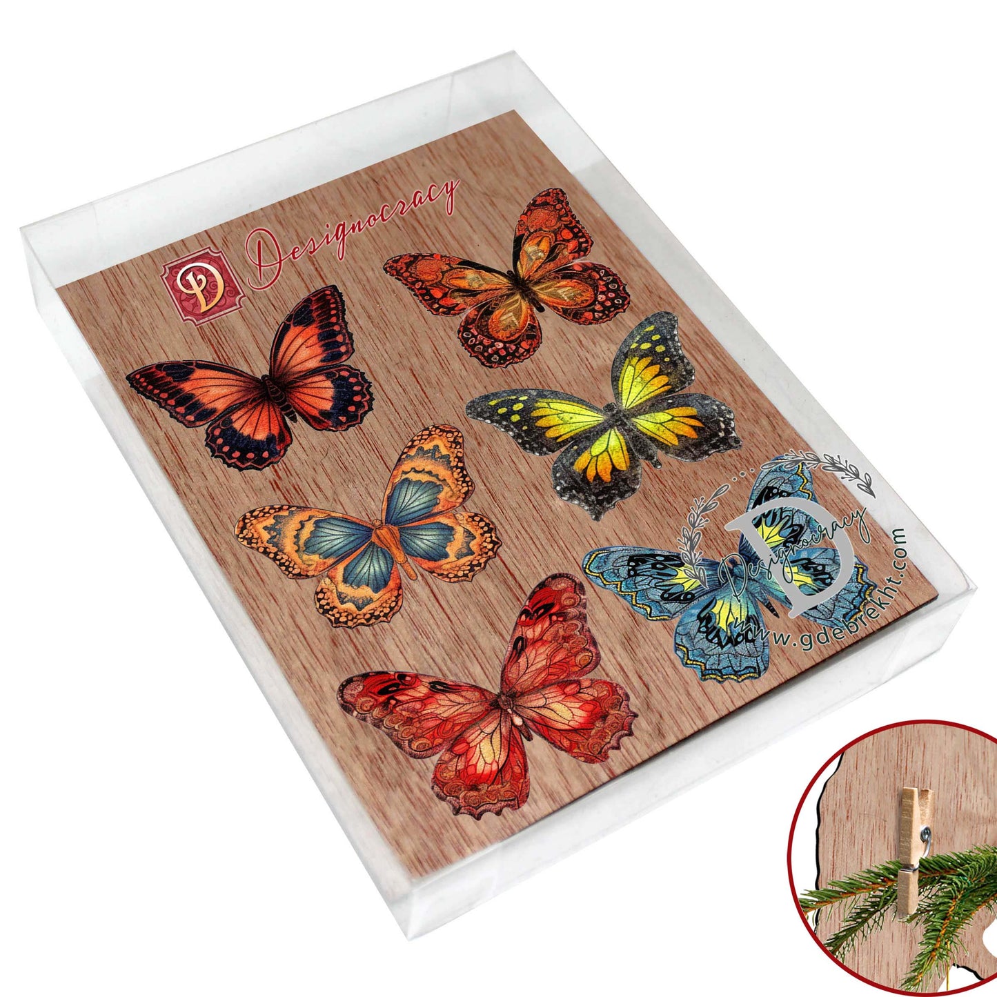 Summer Butterfly Clip-On Eco Wood Decorative Ornaments Set of 6 by G. Debrekht - Christmas Decor - 8090012-1C-S6