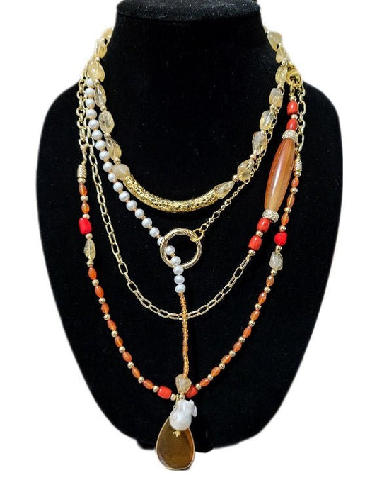 Carnelian and Citrine Multilayer Necklace